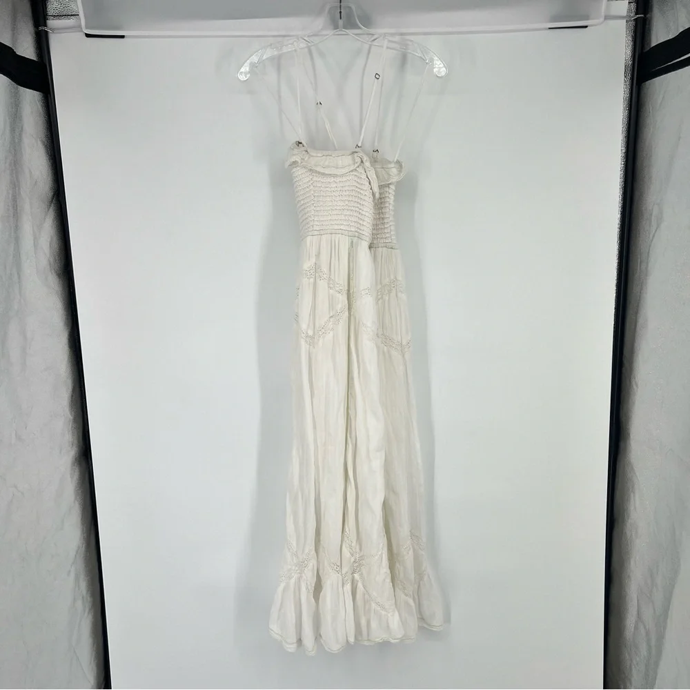 Free People Hi Hello White Floral Embroidered Lace Smocked Bohemian Midi Dress L
